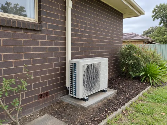Outdoor air conditioner unit on a concrete pad beside a brick house wall in Elizabeth Downs